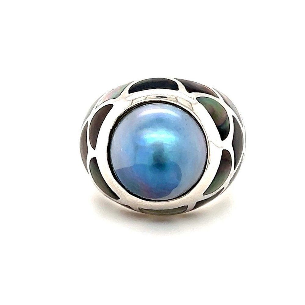 Large Blue Pearl Abalone‎ Sterling Silver 925 Ring